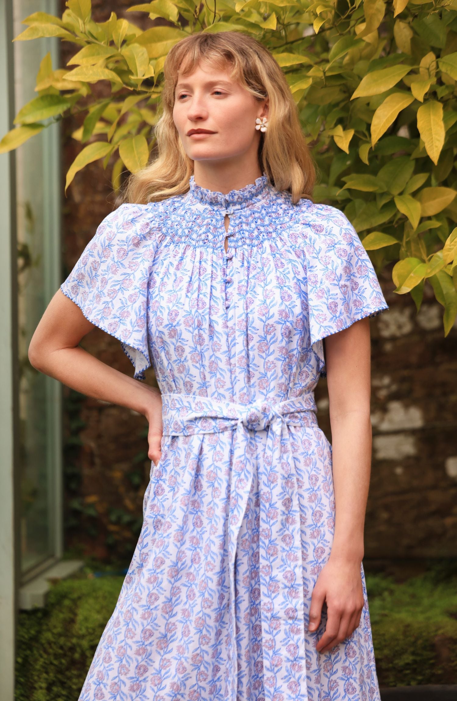 Colette Dress Passionflower Trellis with Delphinium Blue Hand Smocking
