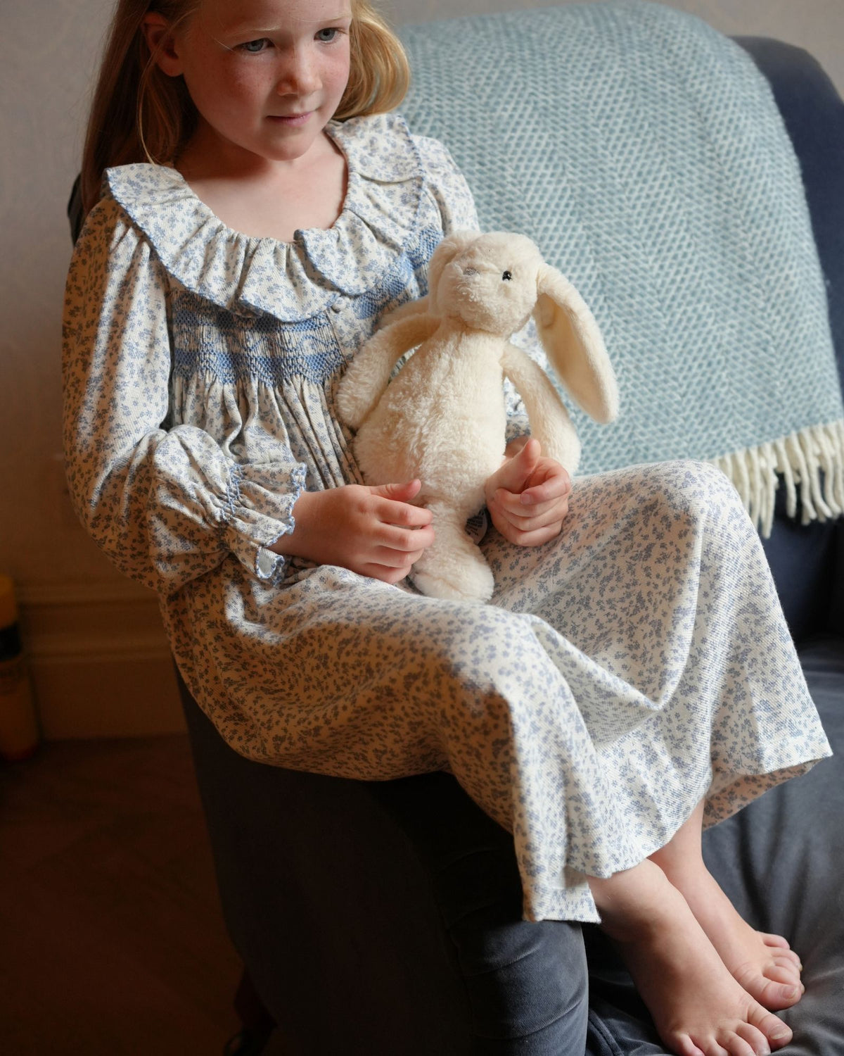 Nightingale Girl's Dress Cornflower Ditsy with Bluebell Hand Smocking