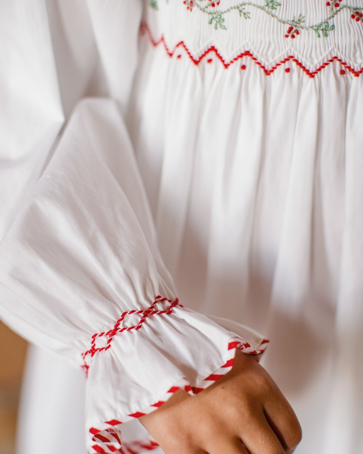 Nightingale Girl's Dress with Candy Cane Piping and Christmas Garland Hand Smocking