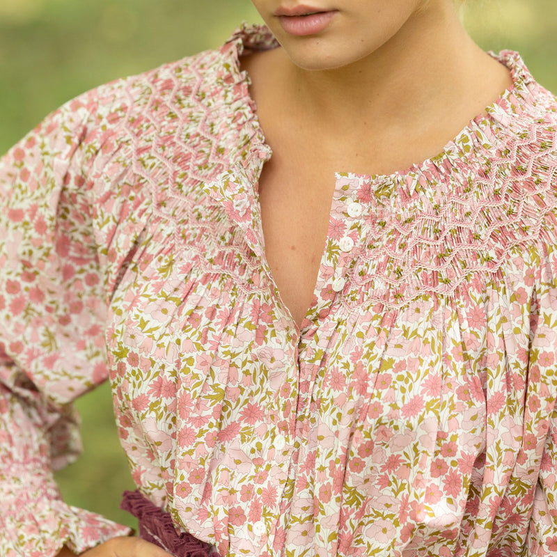 Cleopatra Blouse with Hedgerow Haze Hand Smocking made with Liberty Poppies and Daisies Edition 30