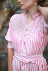 Wu Zetian Dress Pink Chevron Stripe with Peppermint Cream Hand Smocking