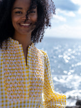 Billie Holiday Short Dress Yellow Submarine Seersucker with Lychee Lemonade Hand Smocking
