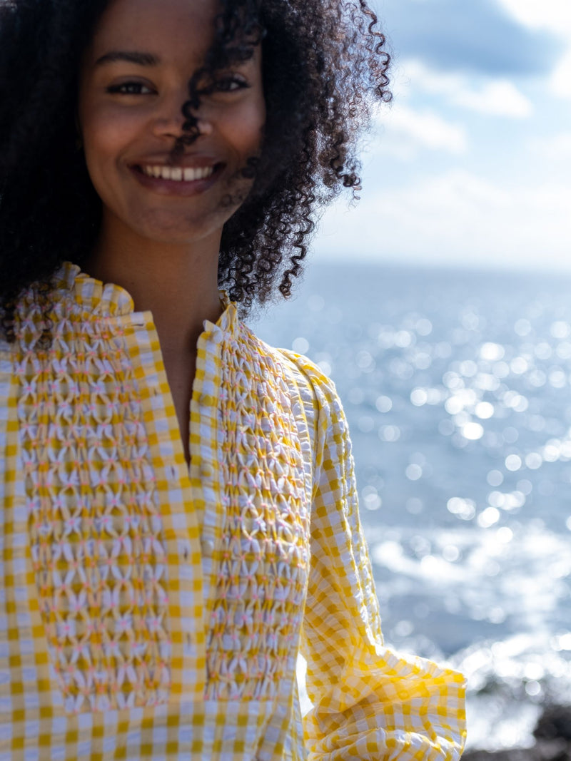 Billie Holiday Short Dress Yellow Submarine Seersucker with Lychee Lemonade Hand Smocking