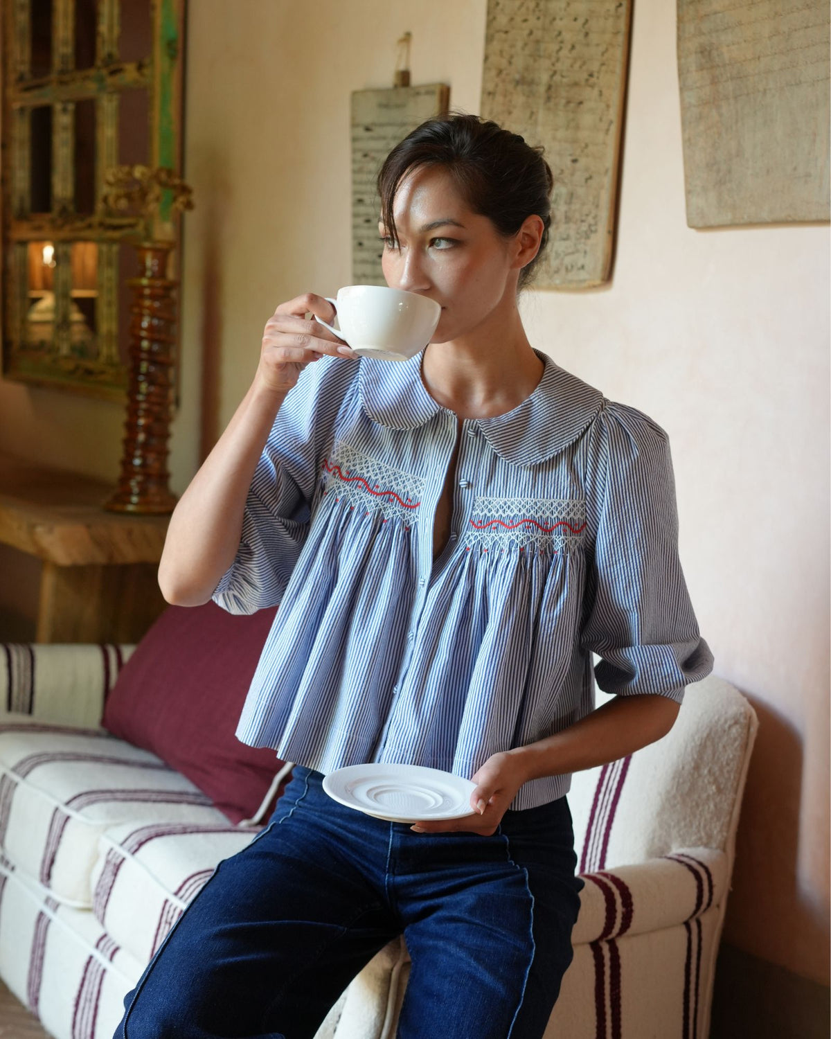 Marie Curie Blouse Nautical Stripe Seersucker with Red and White Hand Smocking
