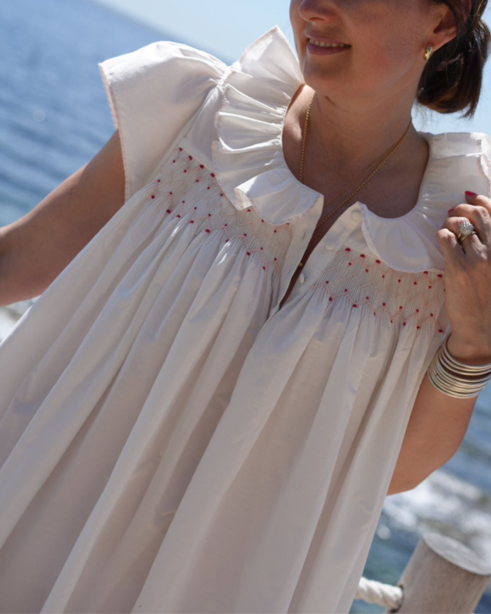 Nightingale Women's Short Sleeve Dress with Spotted Zig Zag Hand Smocking