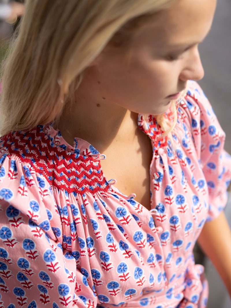 Ada Lovelace Dress Marigold Block Print with Roses are Red Hand Smocking