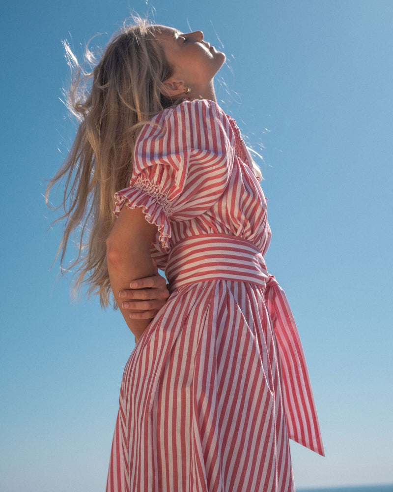 Grace Darling Dress Venetian Stripe with Latte Hand Smocking