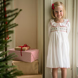 2-3y Samantha Varvel x Smock London Nightingale Girls Dress Moonstone White with Candy Cane Trim and Holly Hand Smocking
