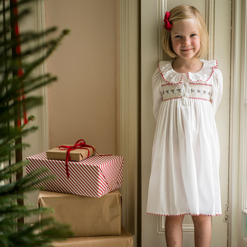 2-3y Samantha Varvel x Smock London Nightingale Girls Dress Moonstone White with Candy Cane Trim and Holly Hand Smocking