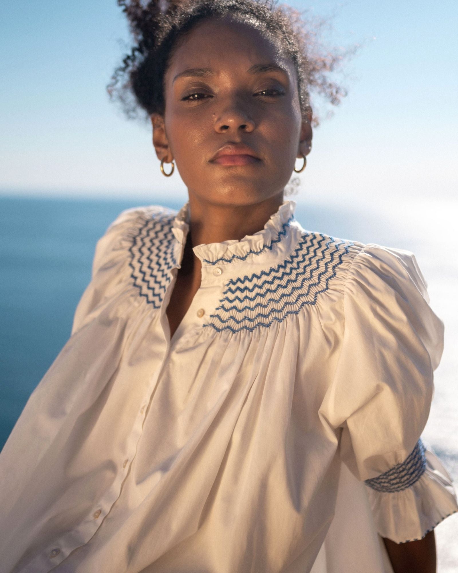 Scholl Women's Summer Blouse White with Sapphire Hand Smocking
