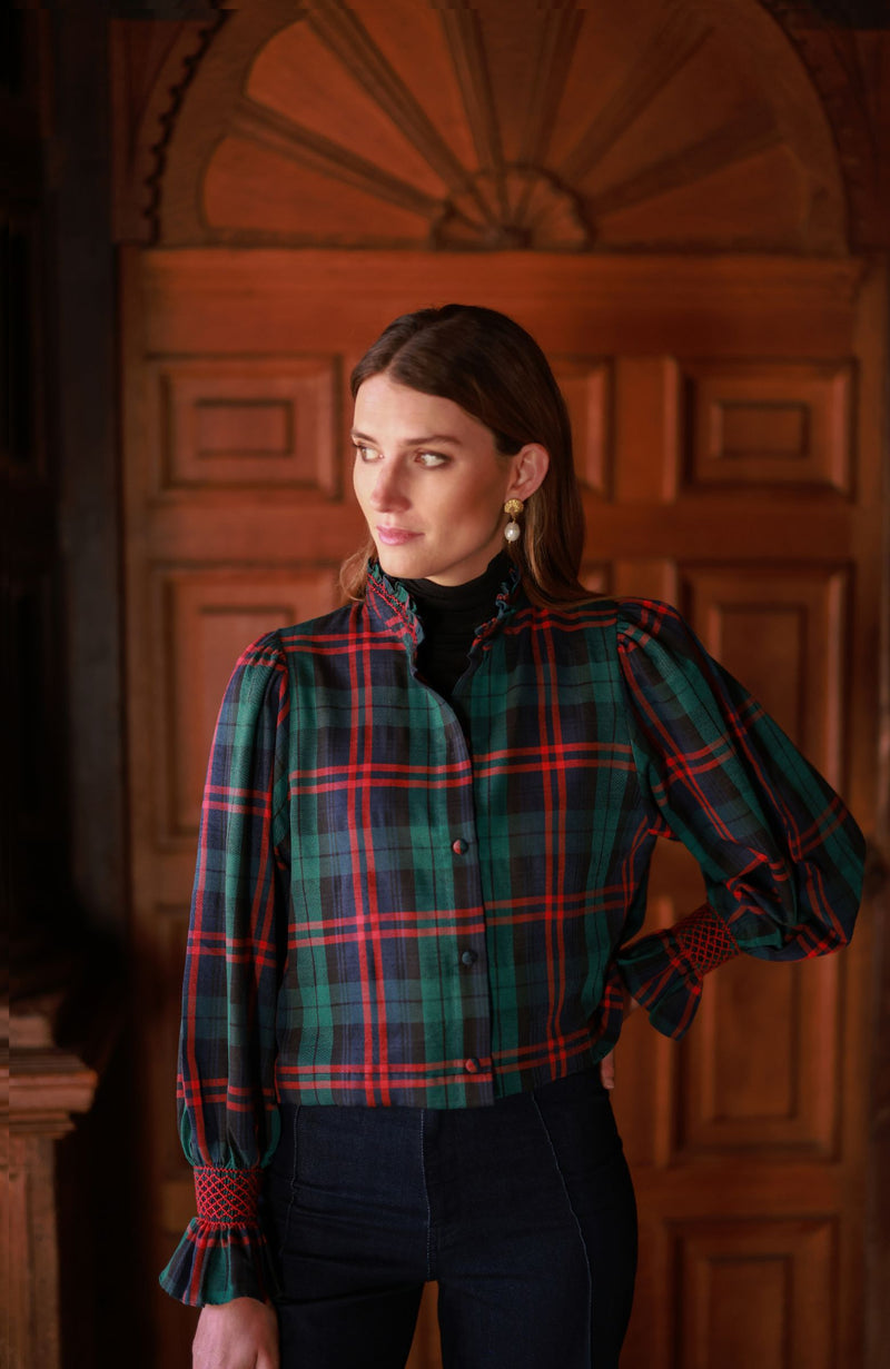 Bobbi Gibbs Jacket Red Stripe Tartan with Christmas Tree Hand Smocking