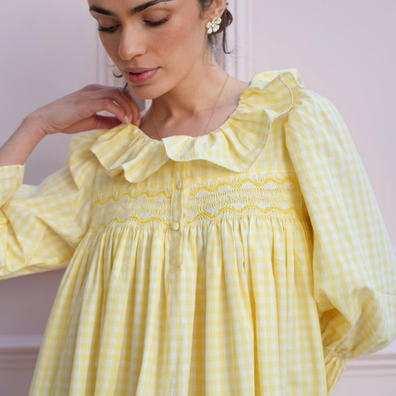 Nightingale Women's Dress Primrose Gingham with Daffodil Hand Smocking