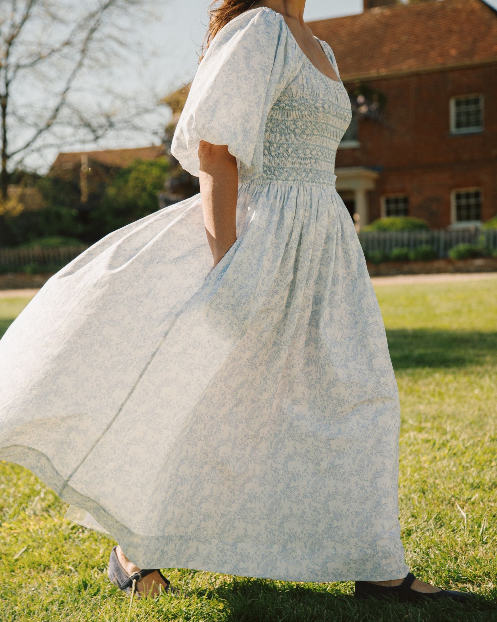 My Mulberry House x Smock London Scarlett Dress Toile des Champs with Delphinium Hand Smocking