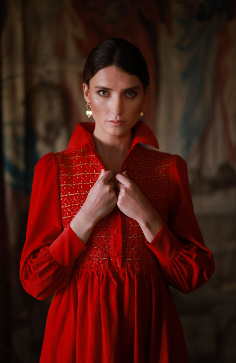 Victoria Woodhull Women's Dress Crimson Needlecord with Gold Coin Hand Smocking