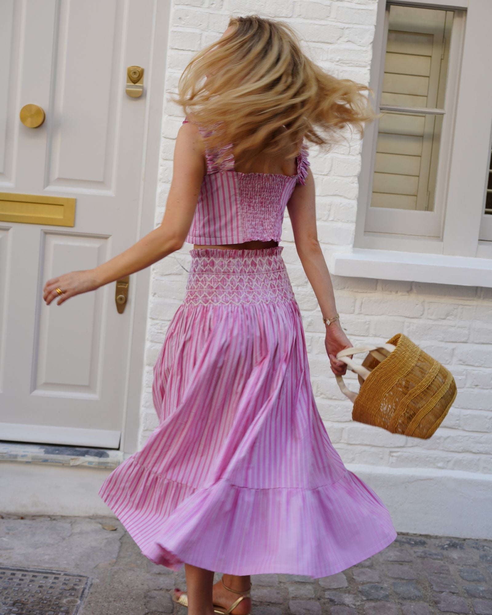 Domenica Marland x Smock London Sullivan Skirt Pink Pinstripe with Ivory Hand Smocking