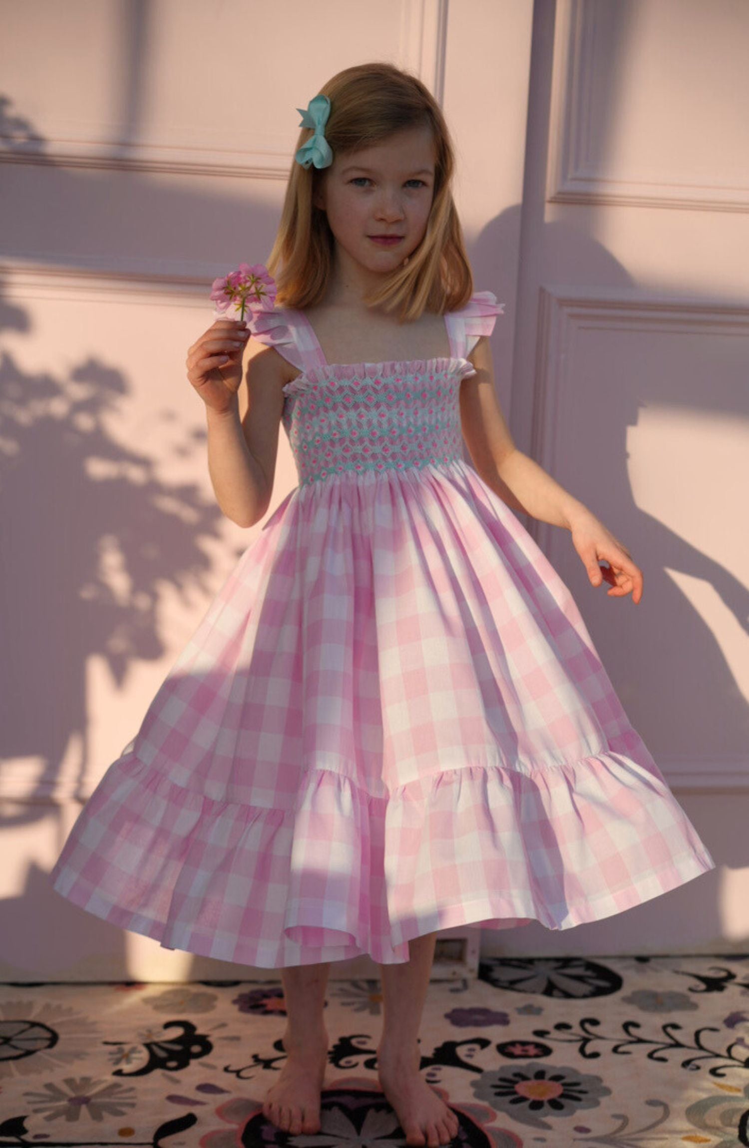Rachel Carson Girls Dress Candy Floss Gingham with Spearmint Hand Smocking