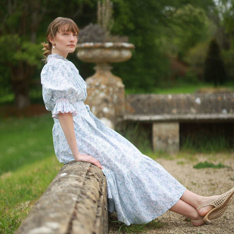Ada Lovelace Dress Flower Field Linen with Cherry Blossom Hand Smocking