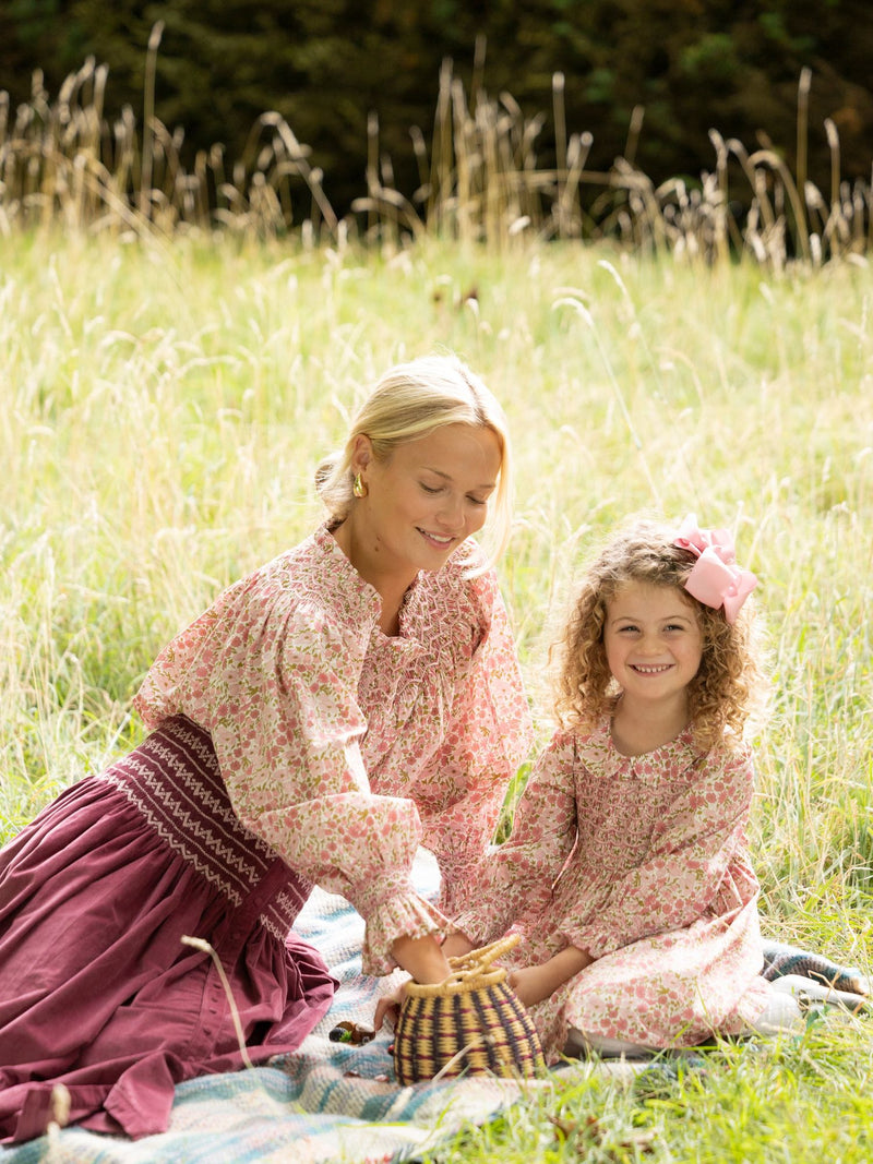 Antoinette Dress with Raspberry Crumble Hand Smocking made with Liberty Poppies & Daisies Fabric