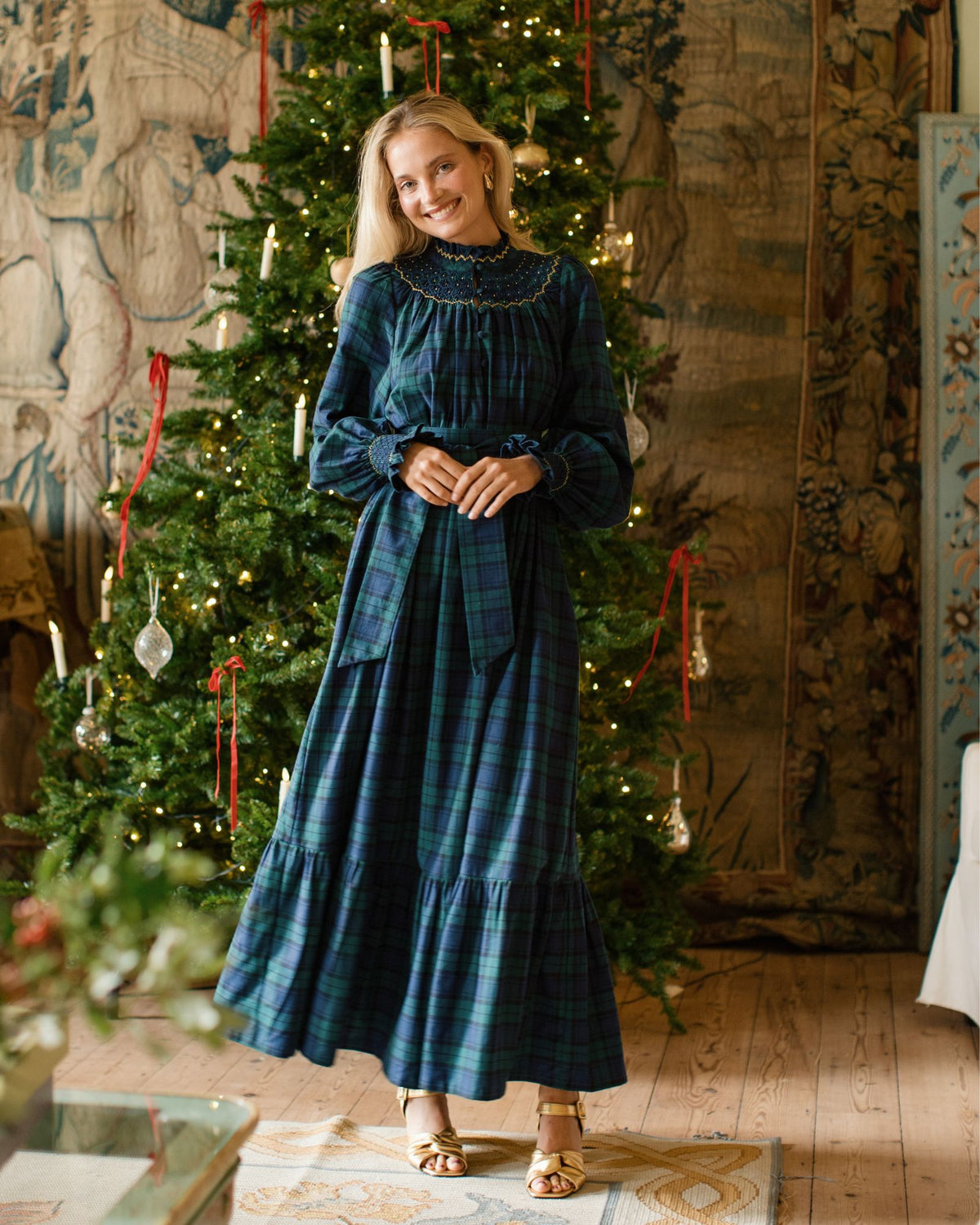 Colette Women's Dress Black Watch Tartan with Royal Blue Hand Smocking
