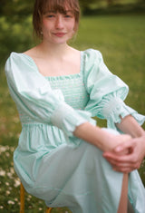 Josefine Butler Dress Kelly Green Seersucker with Cherry Pop Hand Smocking