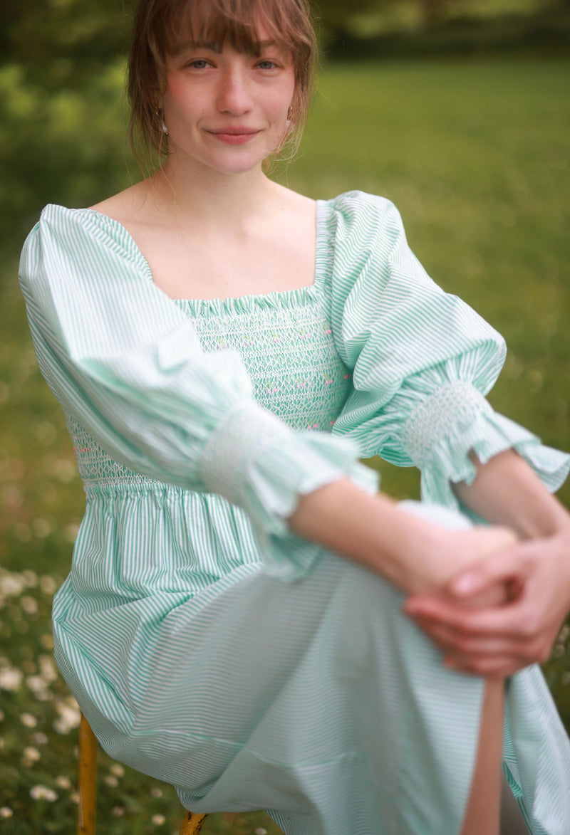 Josefine Butler Dress Kelly Green Seersucker with Cherry Pop Hand Smocking
