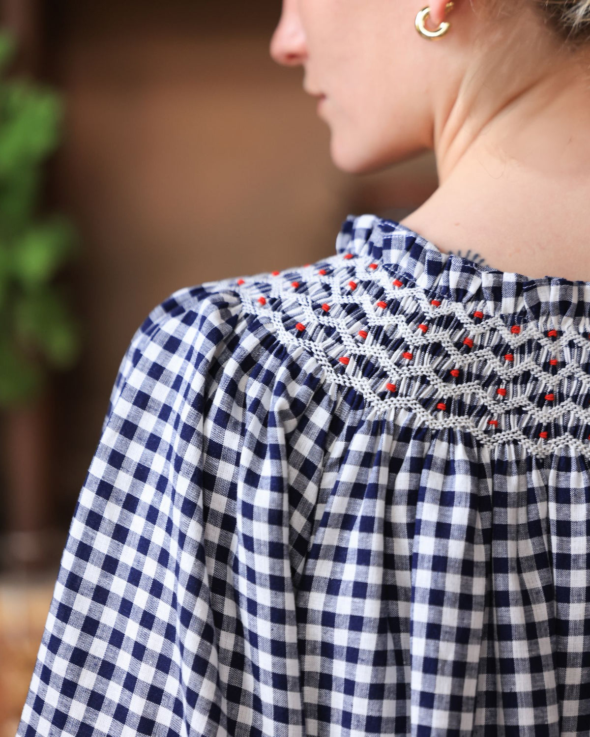 Cleopatra Blouse Navy Gingham with Red Hot Poker Hand Smocking Edition 54