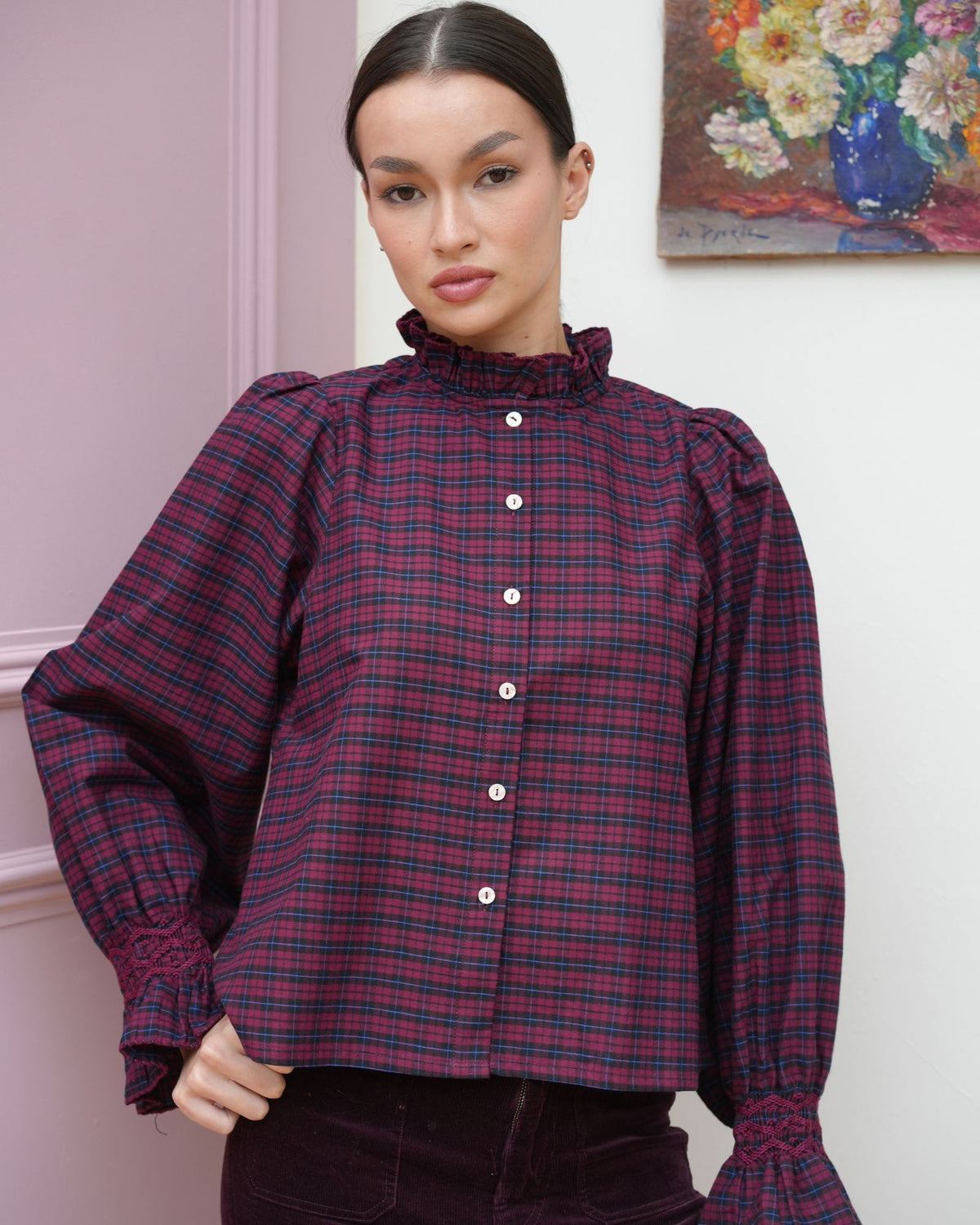 Shelley Blouse Mulberry Plaid with Merlot Hand Smocking Edition 29