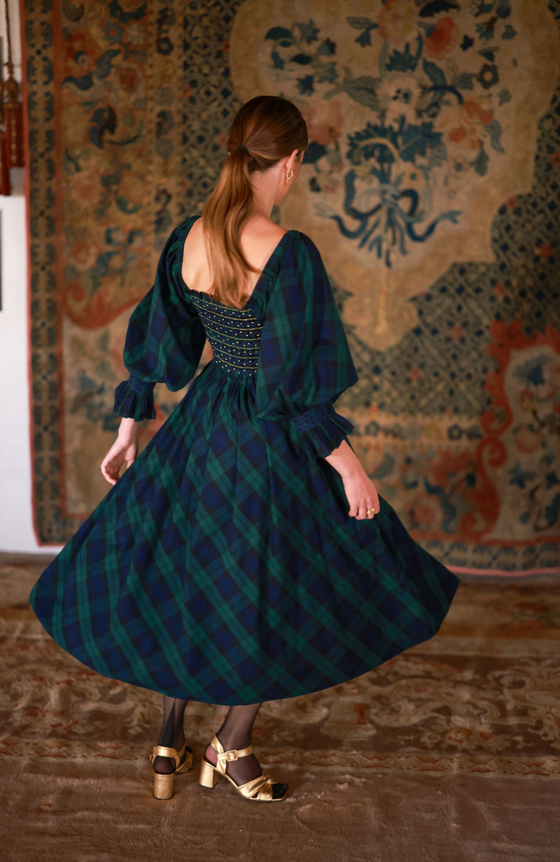 Ella Fitzgerald Women's Dress Black Watch Tartan with Royal Navy Hand Smocking