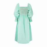Josefine Butler Dress Kelly Green Seersucker with Cherry Pop Hand Smocking