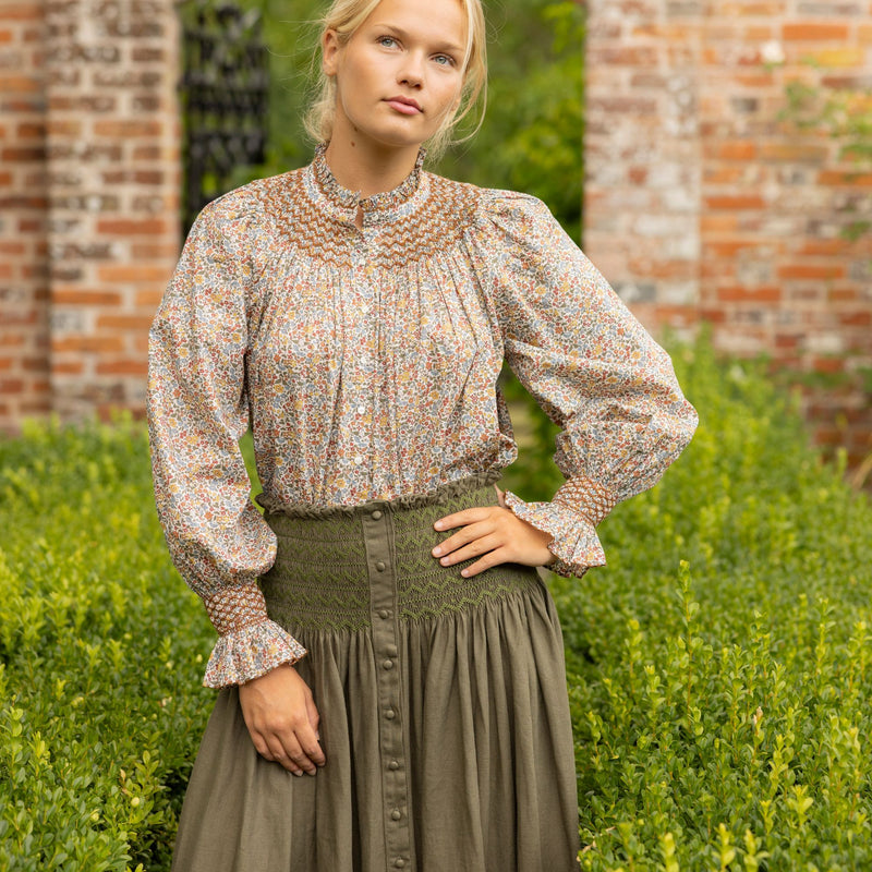 Mary Seacole Women's Skirt Oak Leaf Linen with Moss Hand Smocking