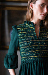 Emmeline Pankhurst Women's Dress Pine Tree Needlecord with Nordic Sparkle Hand Smocking