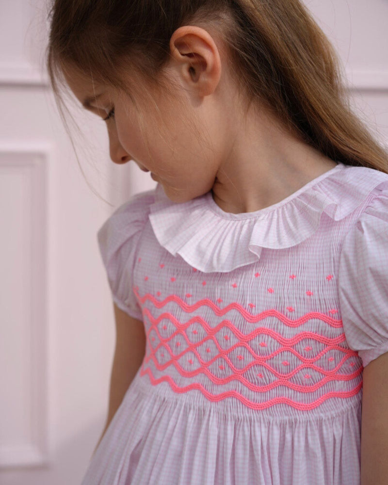 Katherine Johnson Dress Pink Grid Cotton with Strawberrylicious Hand Smocking