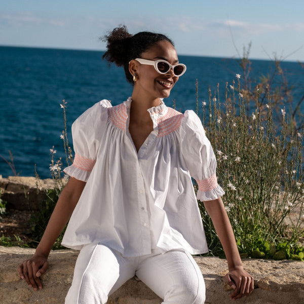 Scholl Women's Summer Blouse White with Coral Hand Smocking