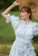 Ada Lovelace Dress Flower Field Linen with Cherry Blossom Hand Smocking