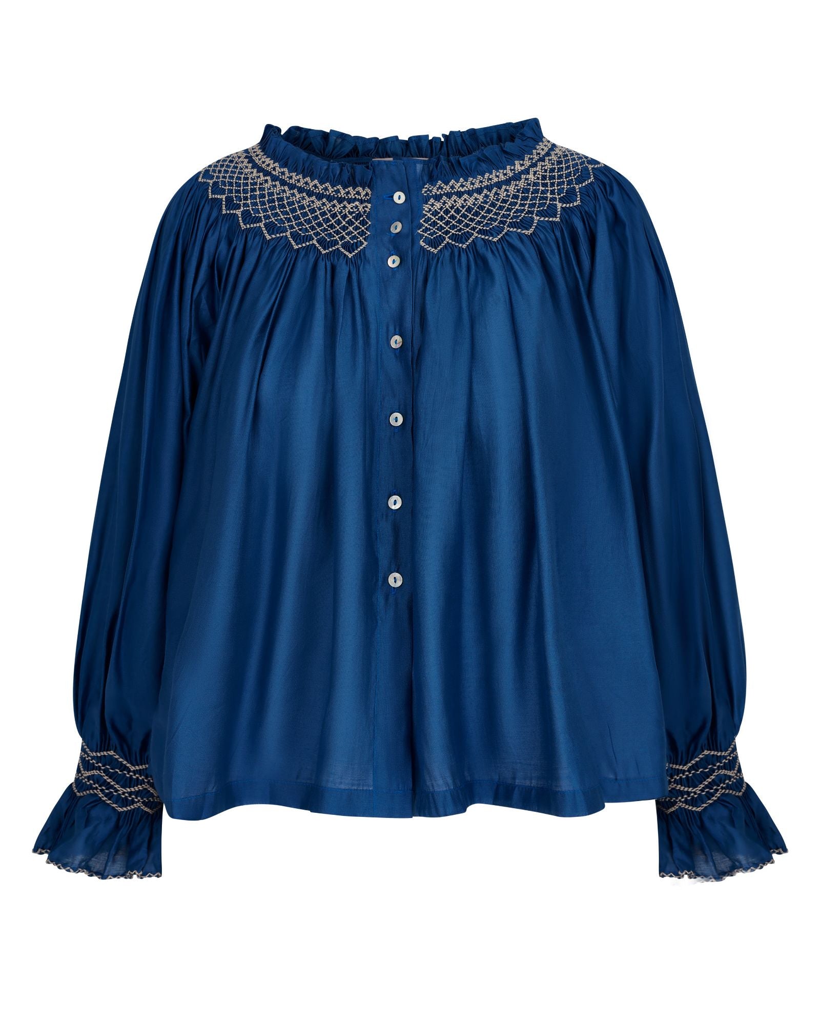 Cleopatra Blouse Cobalt Silk Cotton Sapphire with Vanilla Hand Smocking Edition 33