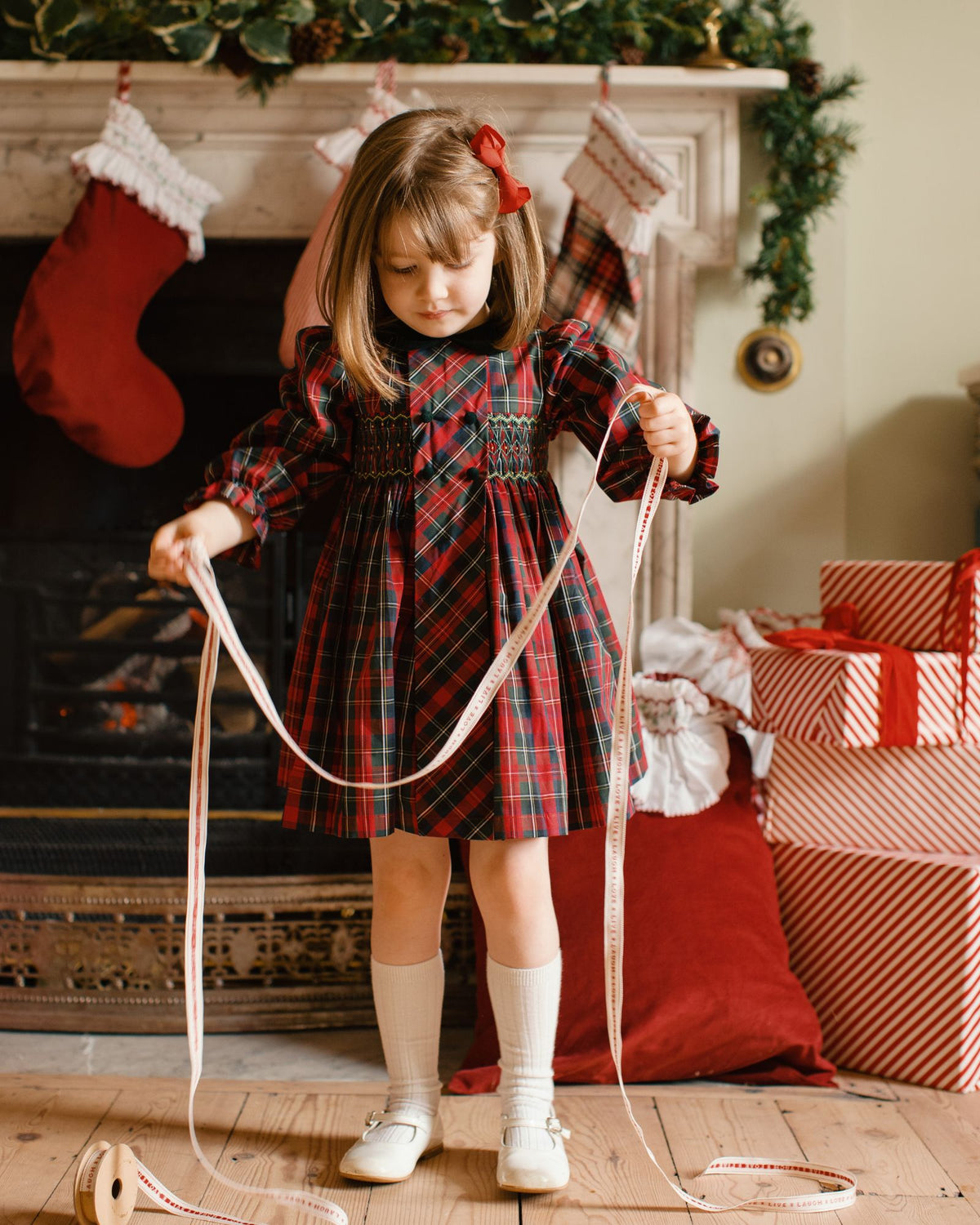 Thatcher Dress McDonald Tartan with Green and Glitter Hand Smocking