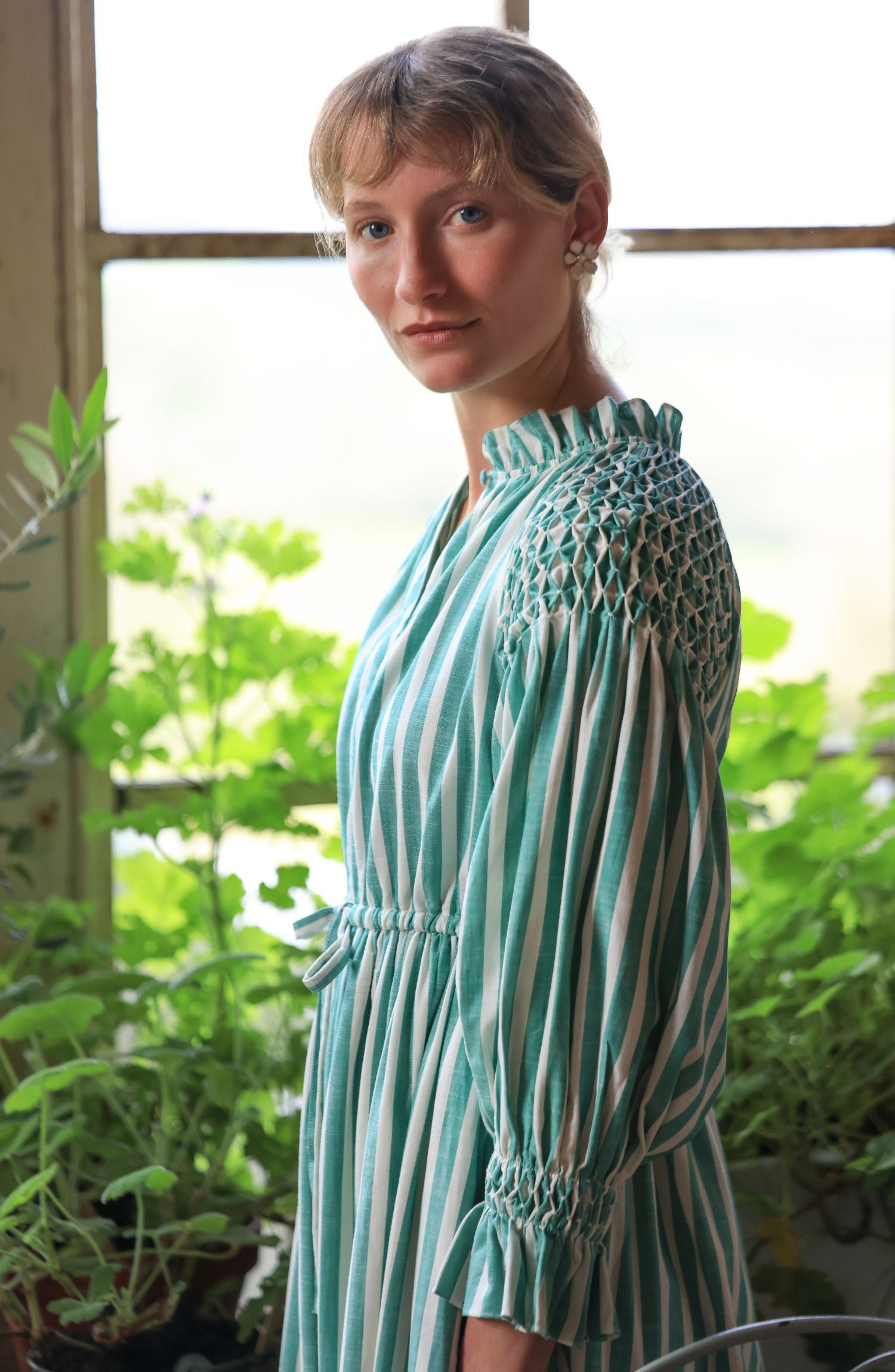 Aloha Wanderwell Dress Wimbledon Stripe with White Honeycomb Hand Smocking