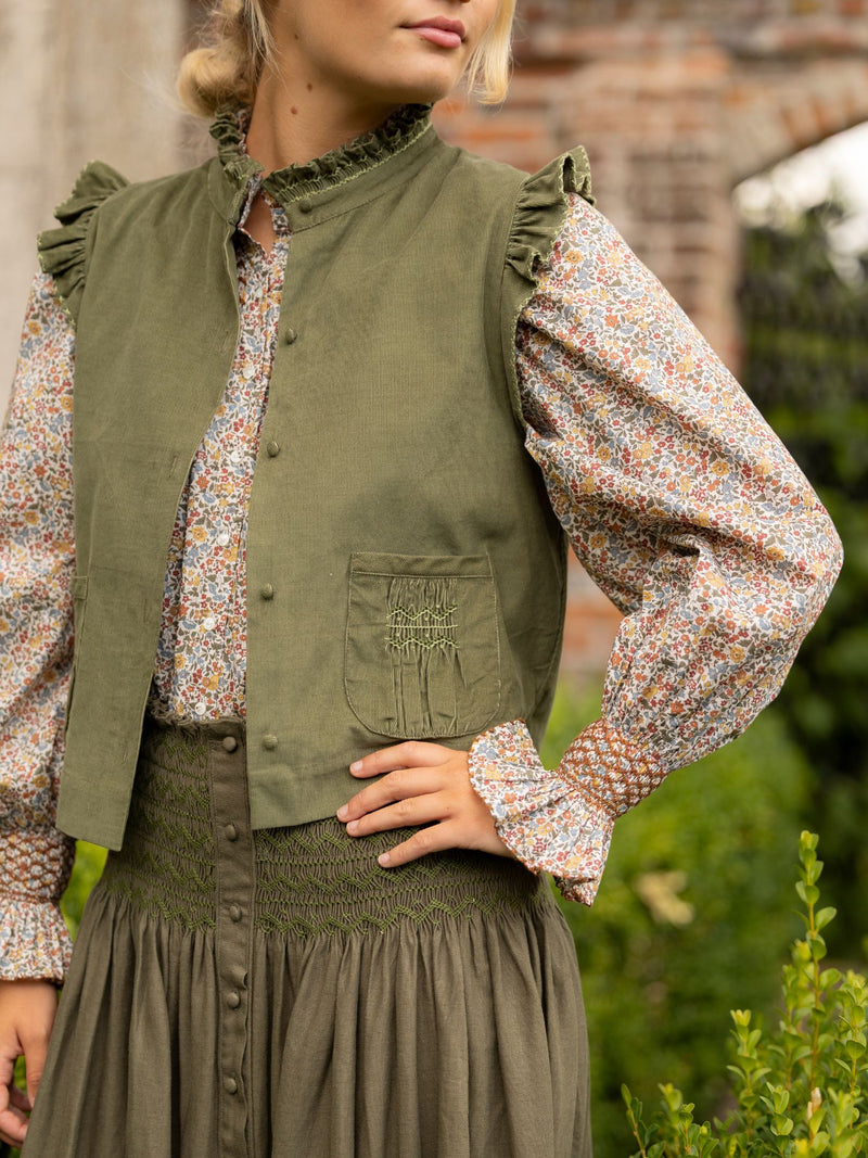 C J Walker Waistcoat Moss Needlecord with Through the Branches Hand Smocking Edition 3
