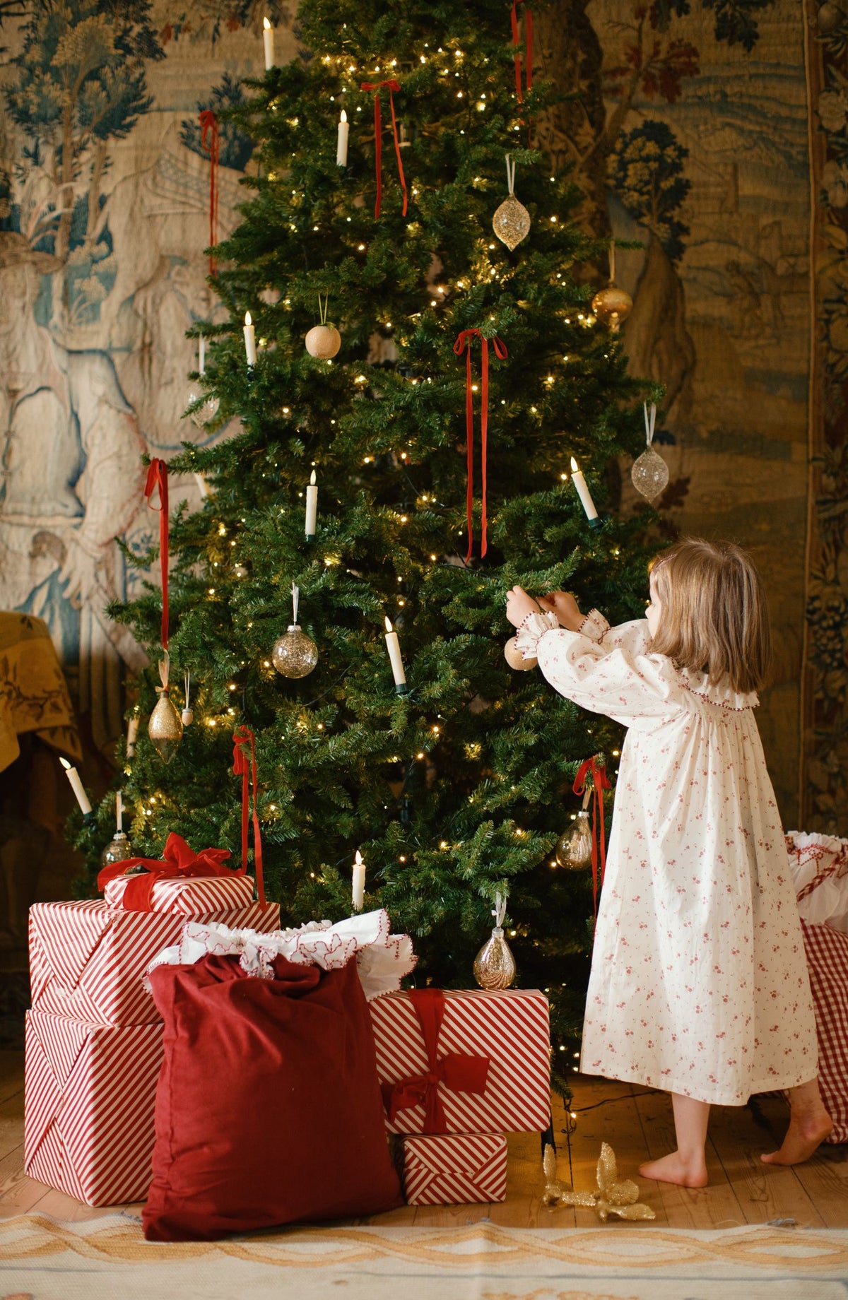 Nightingale Girl's Dress Yuletide Floral with Cranberry Hand Smocking