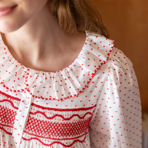Nightingale Women's Dress Red Berry Plumetti with Stacked Waves Hand Smocking
