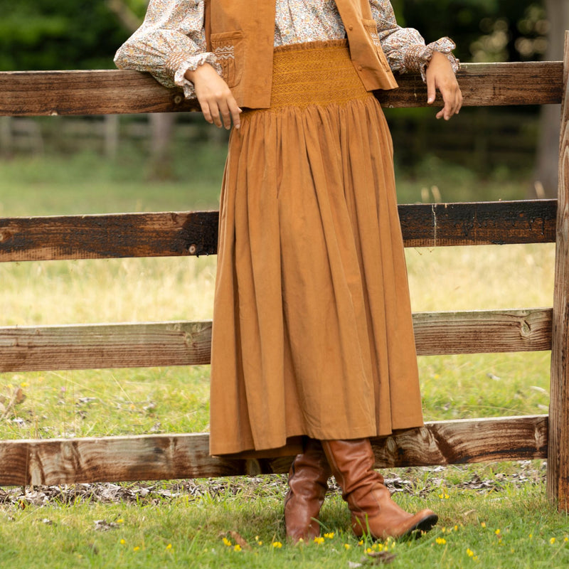 Sullivan Women's Skirt Butterscotch Needlecord with Spiced Vanilla Hand Smocking