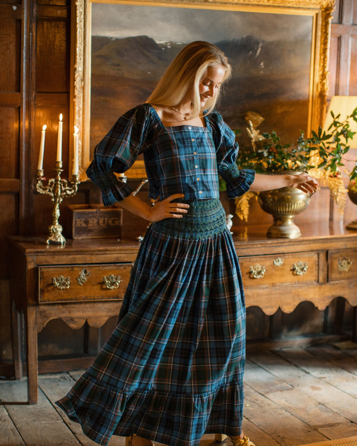 Maxi Sullivan Skirt St Andrews Tartan with Holly Leaf Hand Smocking