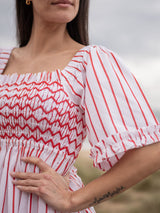 Josefine Butler Dress Aquafresh Stripe with Big Apple Hand Smocking