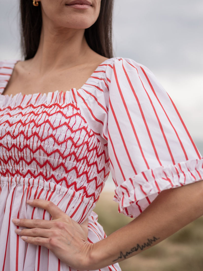 Josefine Butler Dress Aquafresh Stripe with Big Apple Hand Smocking