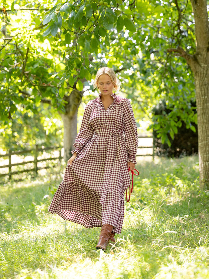 Colette Dress Mulled Wine Gingham Brushed Cotton with Spiced Cinnamon Hand Smocking