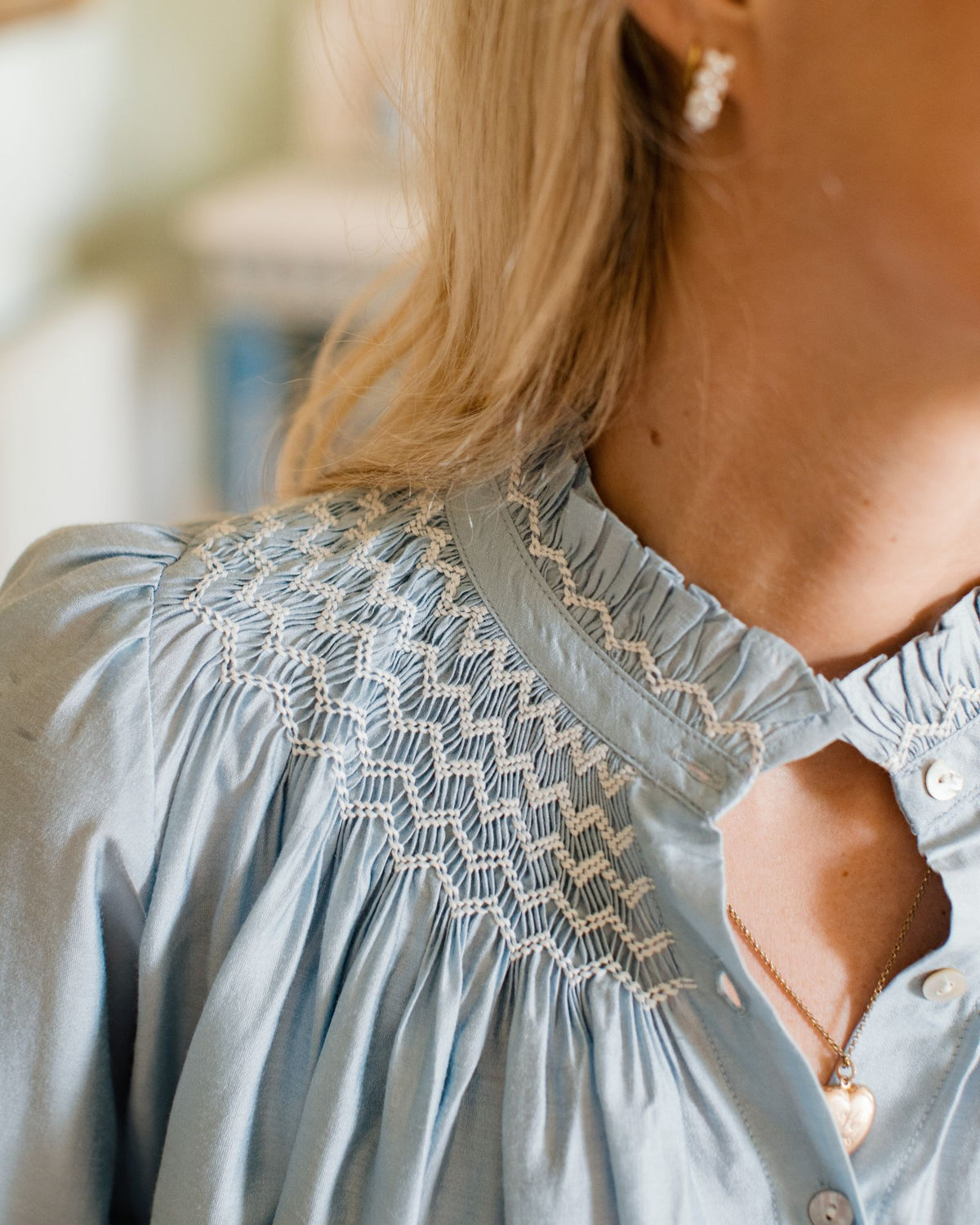 Scholl Blouse Celeste Silk Cotton with Opalite Hand Smocking Edition 70