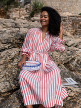 Aloha Wanderwell Dress London Bus Stripe with Milk Hand Smocking
