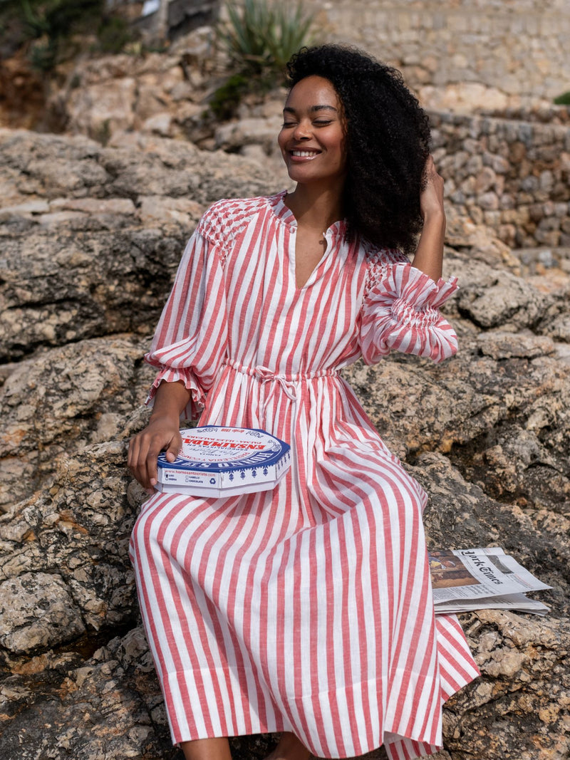 Aloha Wanderwell Dress London Bus Stripe with Milk Hand Smocking