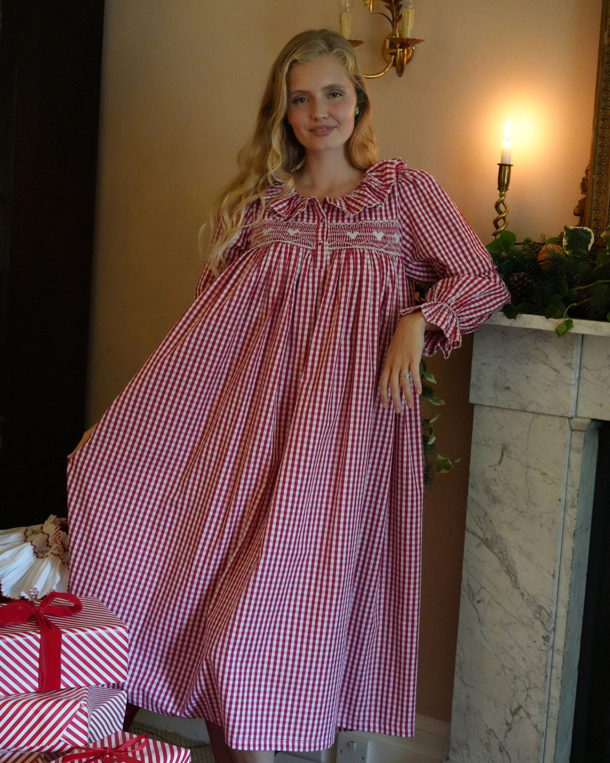 Nightingale Women's Dress Crimson Gingham with Snow Angel Hand Smocking
