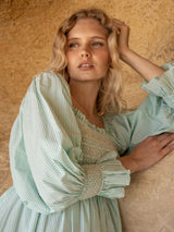 Josefine Butler Dress Kelly Green Seersucker with Cherry Pop Hand Smocking